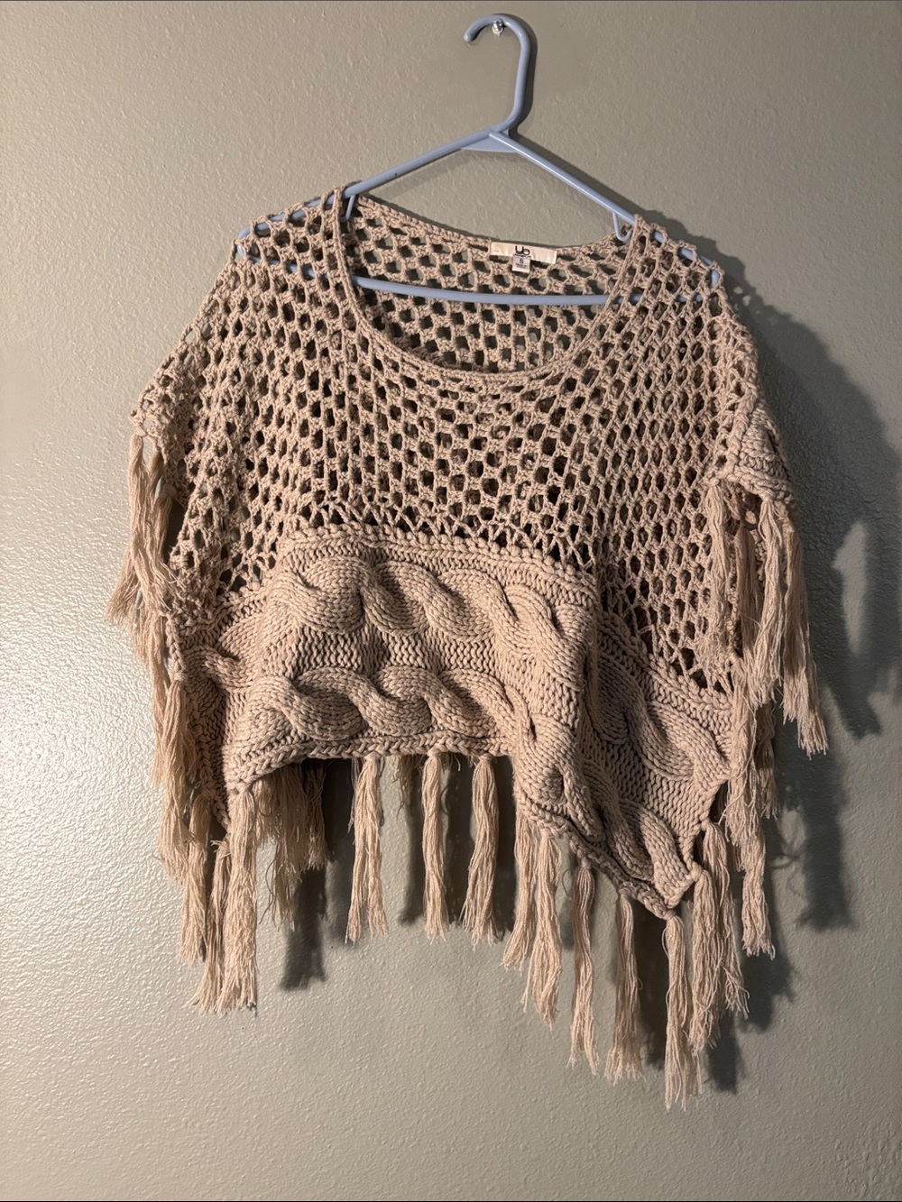 Ya Los Angeles Beige Crochet Fringe Poncho Sweater